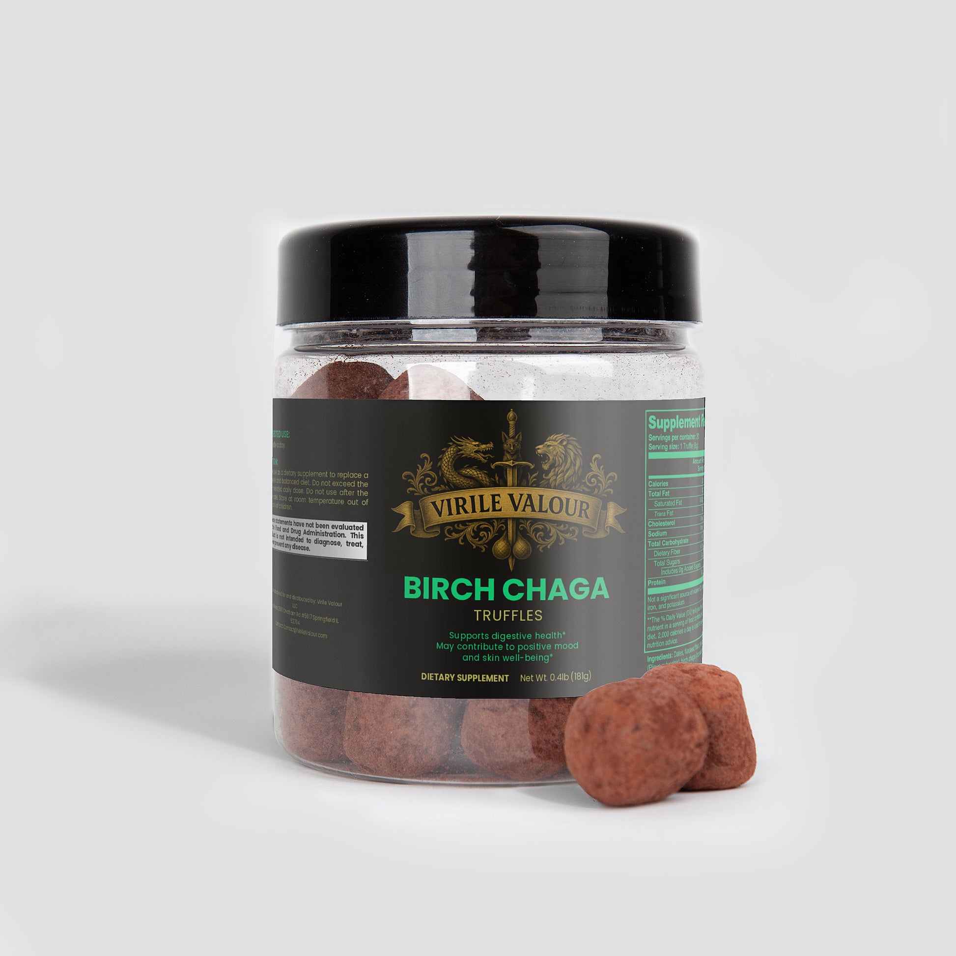 Jar of Virile Valour Birch Chaga Truffles on a light gray background with two truffles