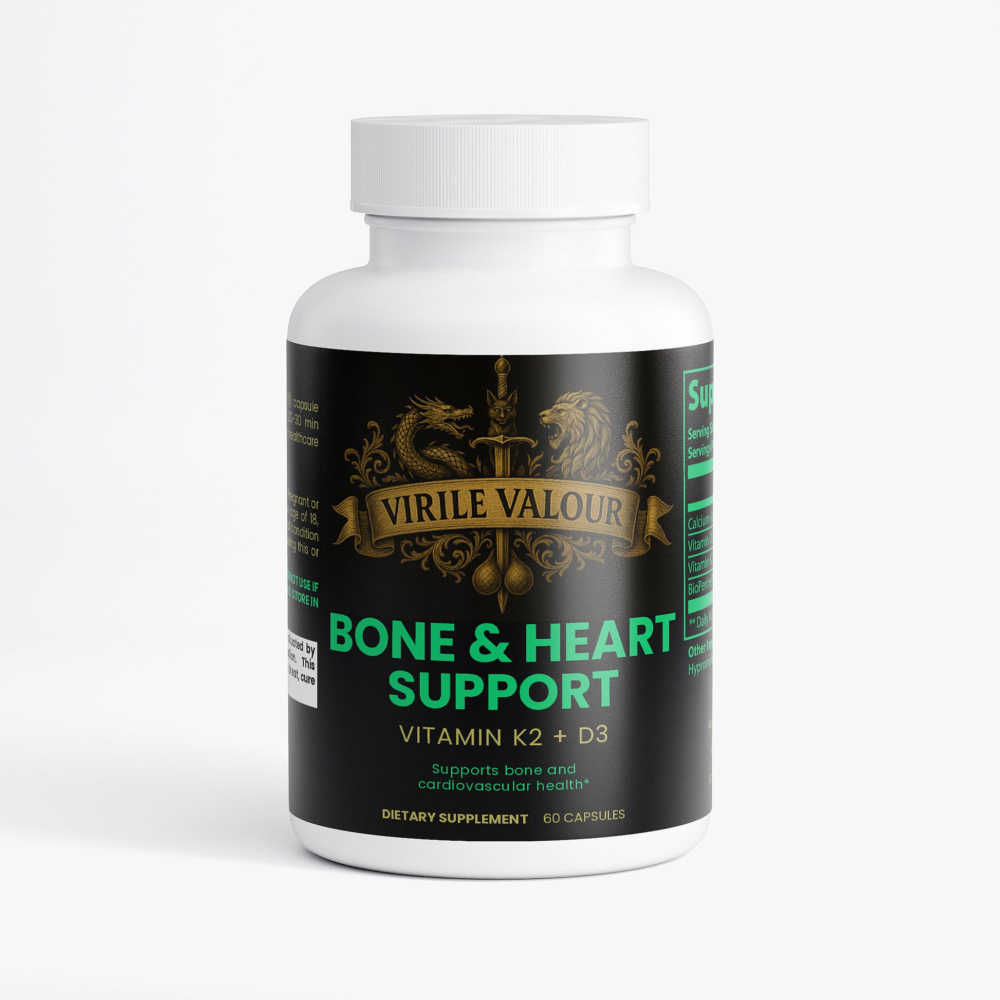 Supplement bottle labeled 'Virile Valour' for bone and heart support on a white background