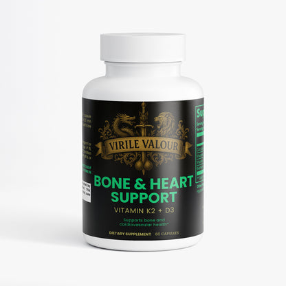 Supplement bottle labeled 'Virile Valour' for bone and heart support on a white background