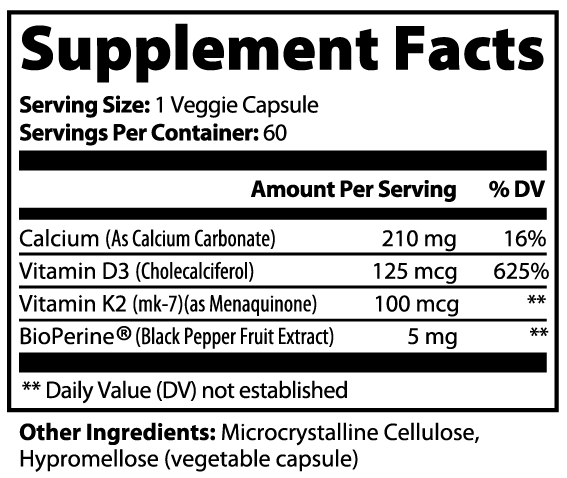 Virile Valour Bone Heart Support For Men supplement facts label with detailed nutritional information on a white background