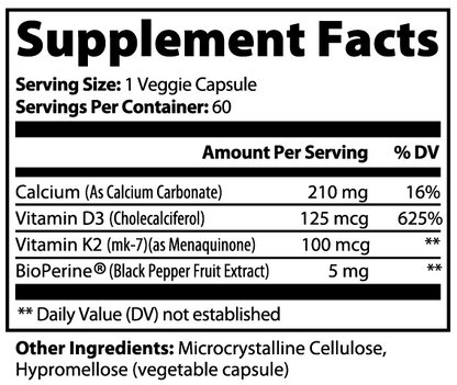 Virile Valour Bone Heart Support For Men supplement facts label with detailed nutritional information on a white background