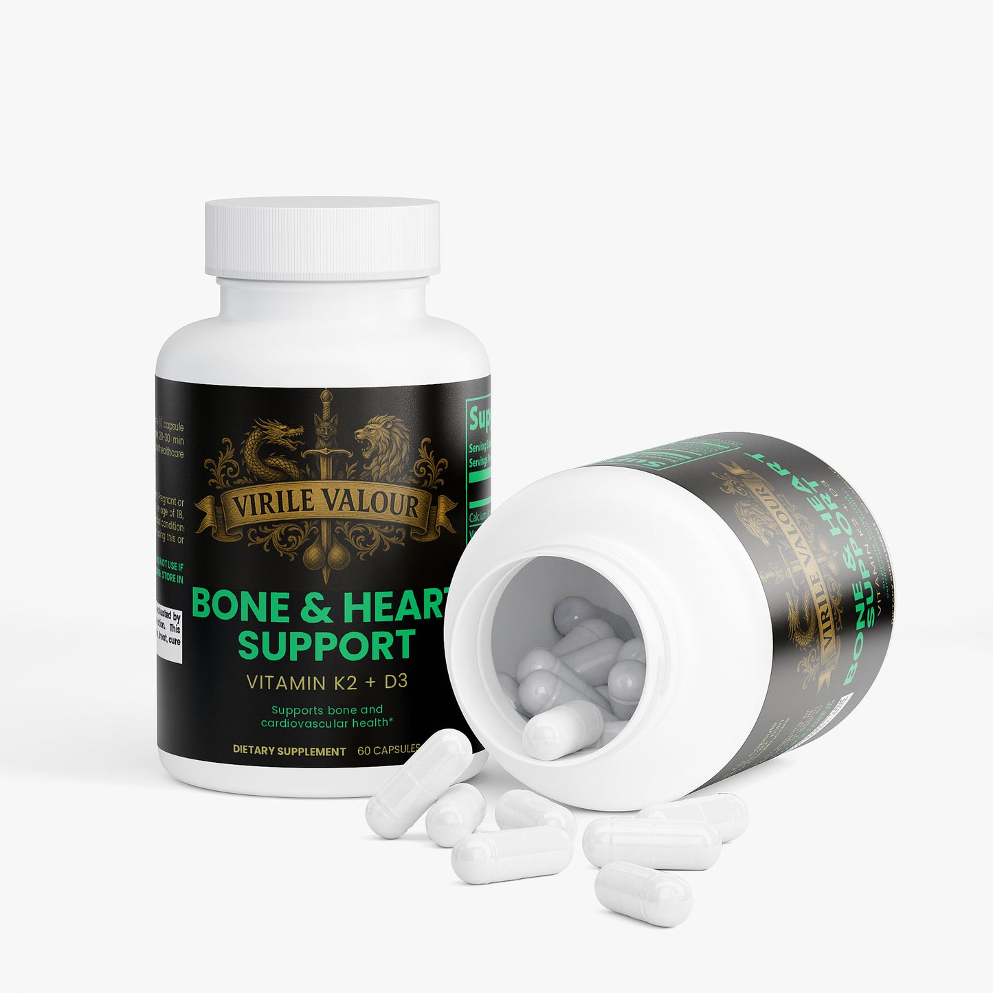 Supplement bottle labeled 'Bone & Heart Support' by Virile Valour with open cap showing capsules on a white background.