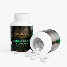 Supplement bottle labeled 'Bone & Heart Support' by Virile Valour with open cap showing capsules on a white background.