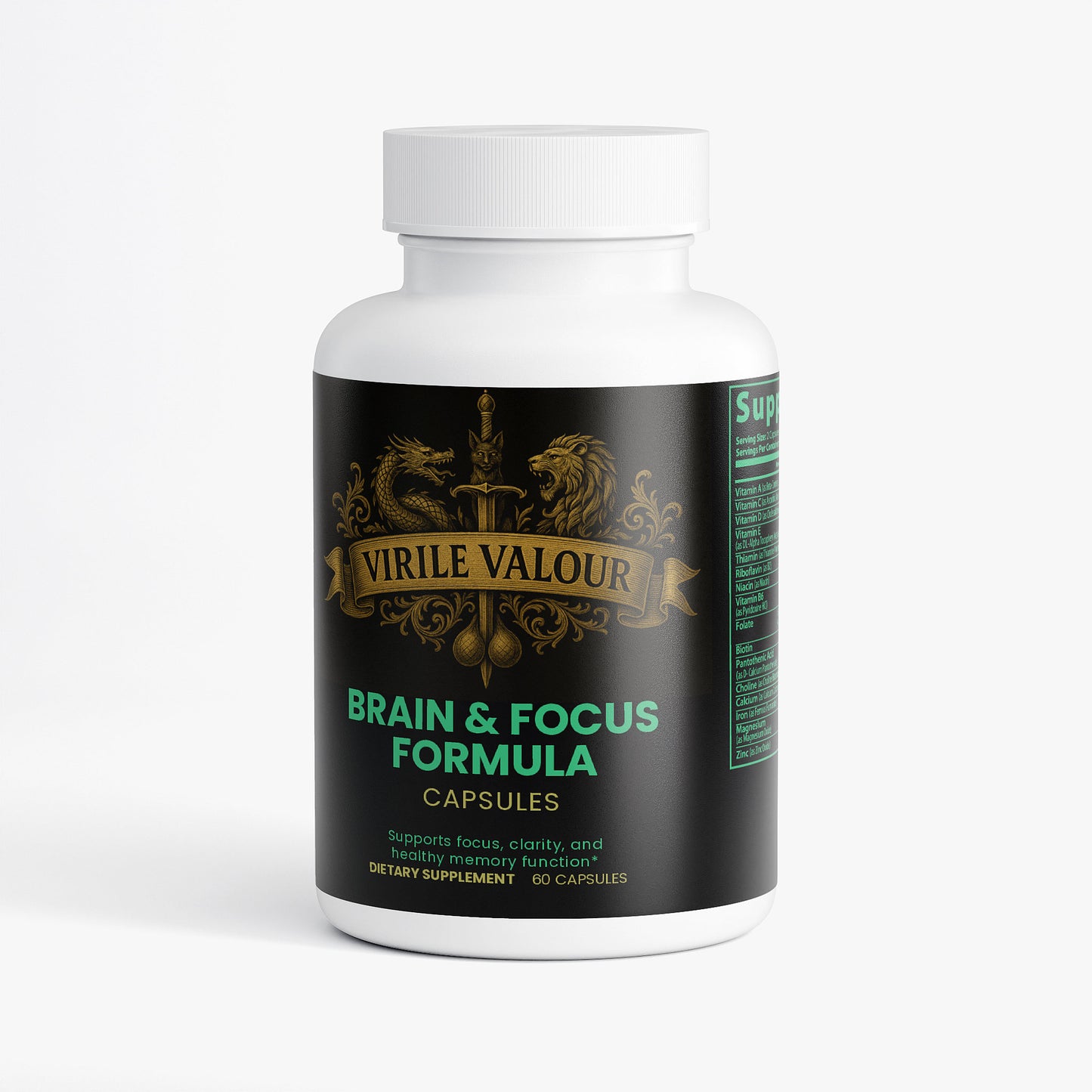 Supplement bottle labeled 'Virile Valour Brain & Focus Formula' on a white background