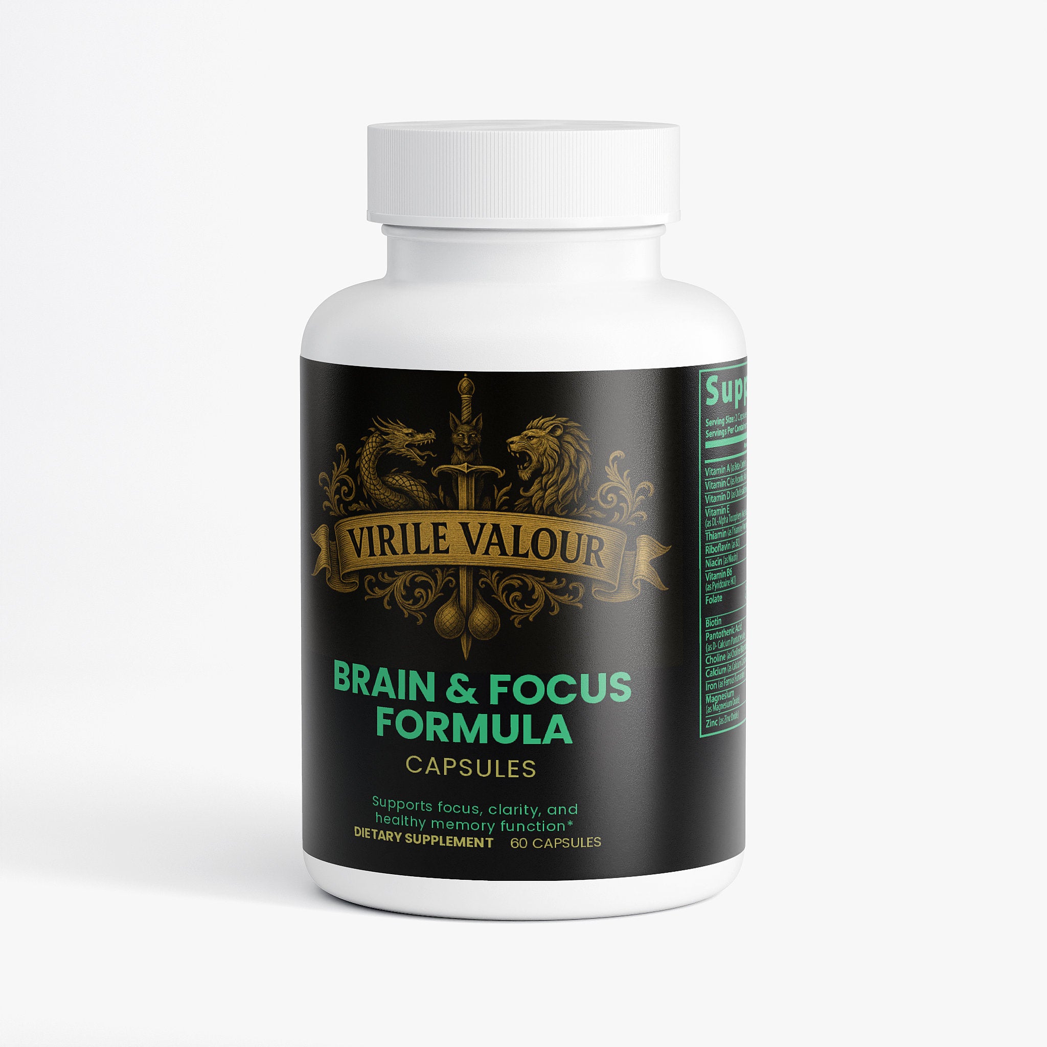 Supplement bottle labeled 'Virile Valour Brain & Focus Formula' on a white background