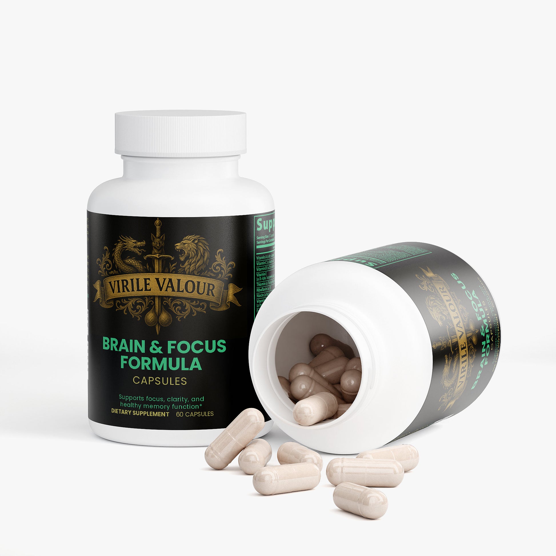 Virile Valour brain and focus formula capsules with open bottle on a white background