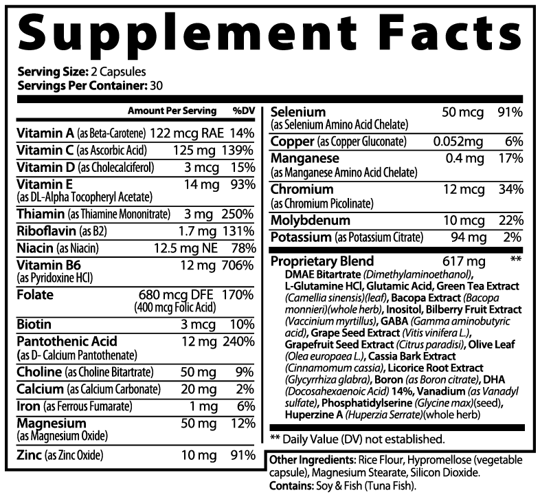 Virile Valour Brain Focus Formula For Men Supplement facts label with detailed nutritional information on a white background