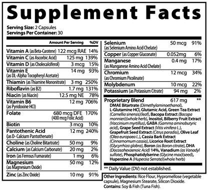 Virile Valour Brain Focus Formula For Men Supplement facts label with detailed nutritional information on a white background