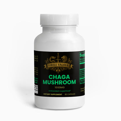 Supplement bottle labeled 'Chaga Mushroom' by Virile Valour on a white background