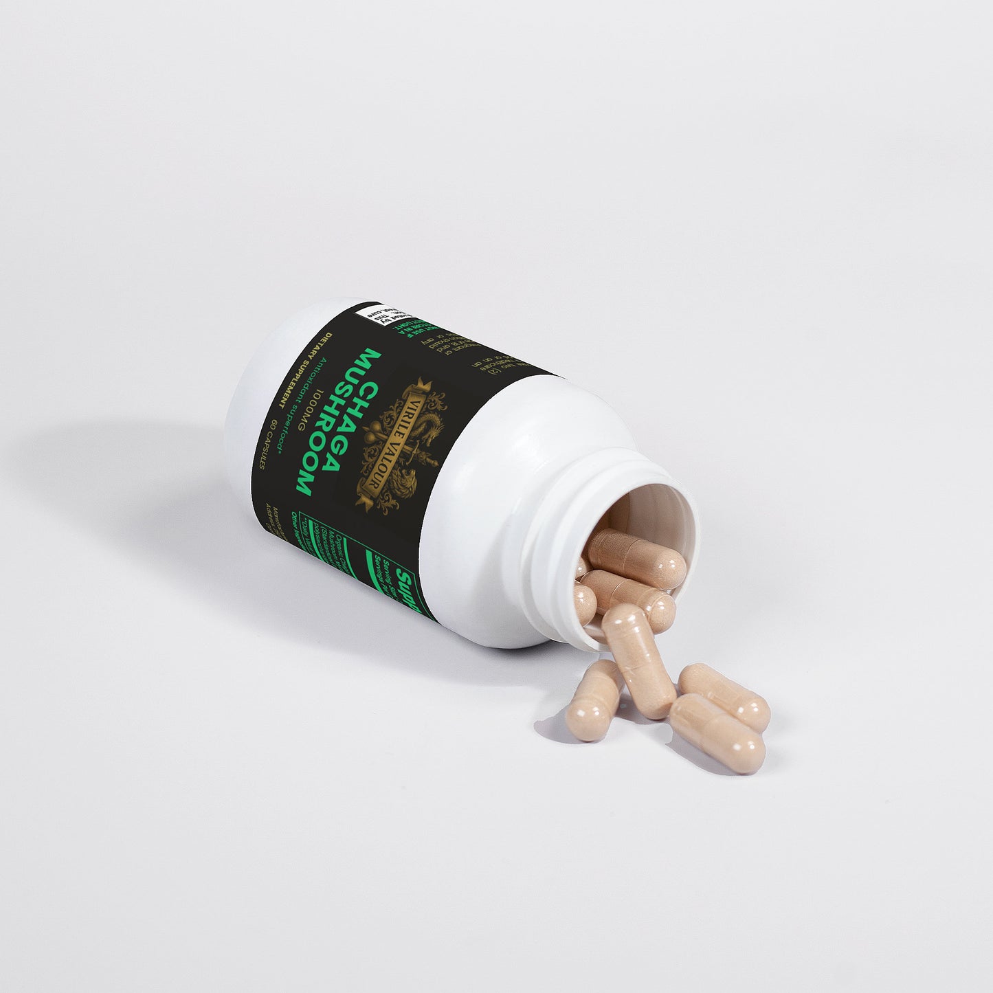 Virile Valour Chaga Mushroom For Men supplement bottle with pills spilling out on a white background