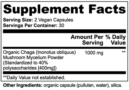 Virile Valour Chaga Mushroom For Men supplement facts label for Organic Chaga mushroom powder with serving size and container details.