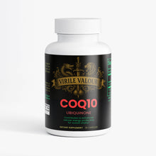 Supplement bottle labeled 'Virile Valour COQ10 Ubiquinone' on a white background
