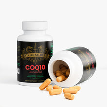 Supplement bottle labeled 'Virile Valor COQ10 Ubiquinone' with open cap showing capsules on a white background