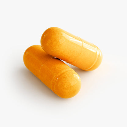 Two orange Virile Valour CoQ10 Ubiquinone For Men capsules on a white background