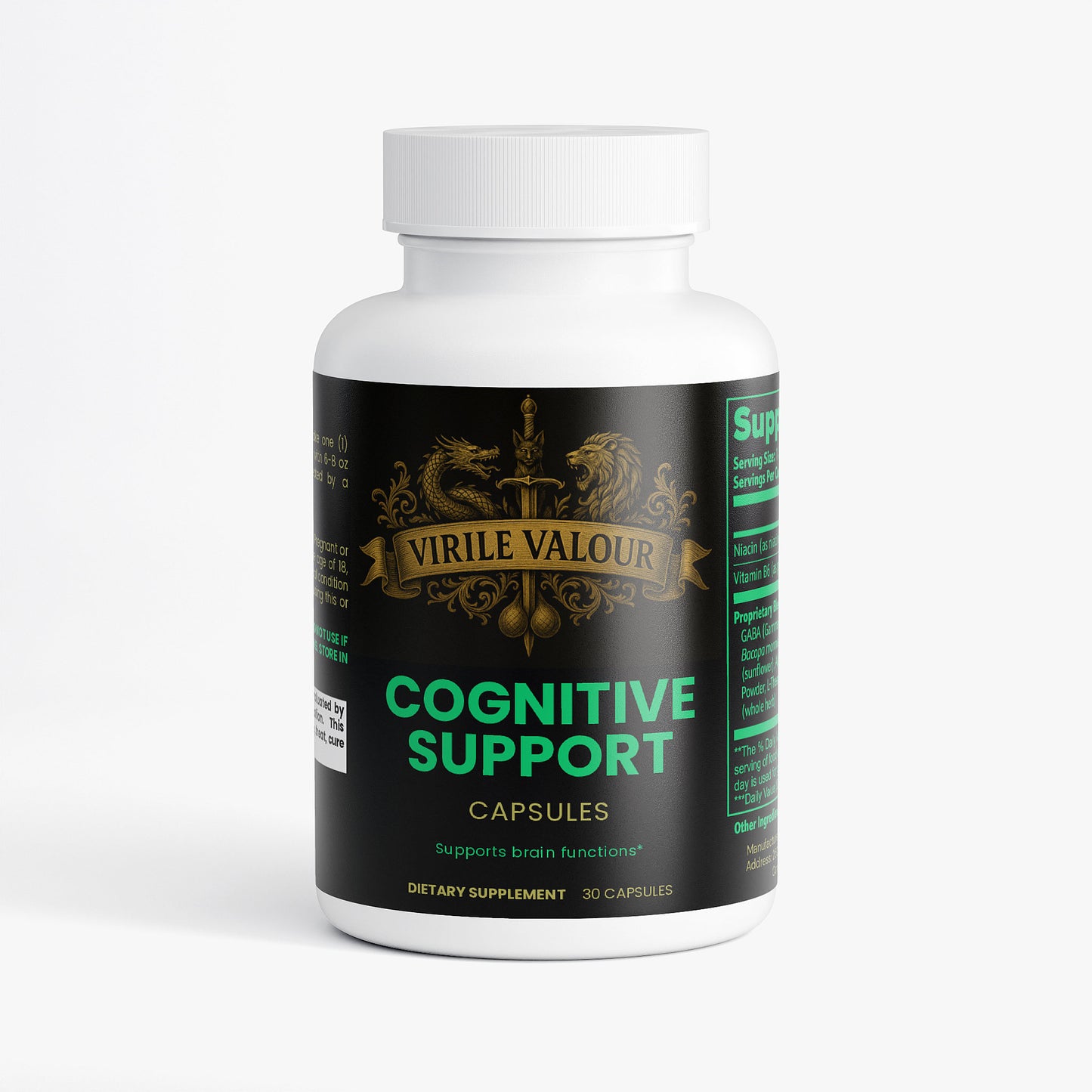 Supplement bottle labeled 'Cognitive Support' by Virile Valour on a white background