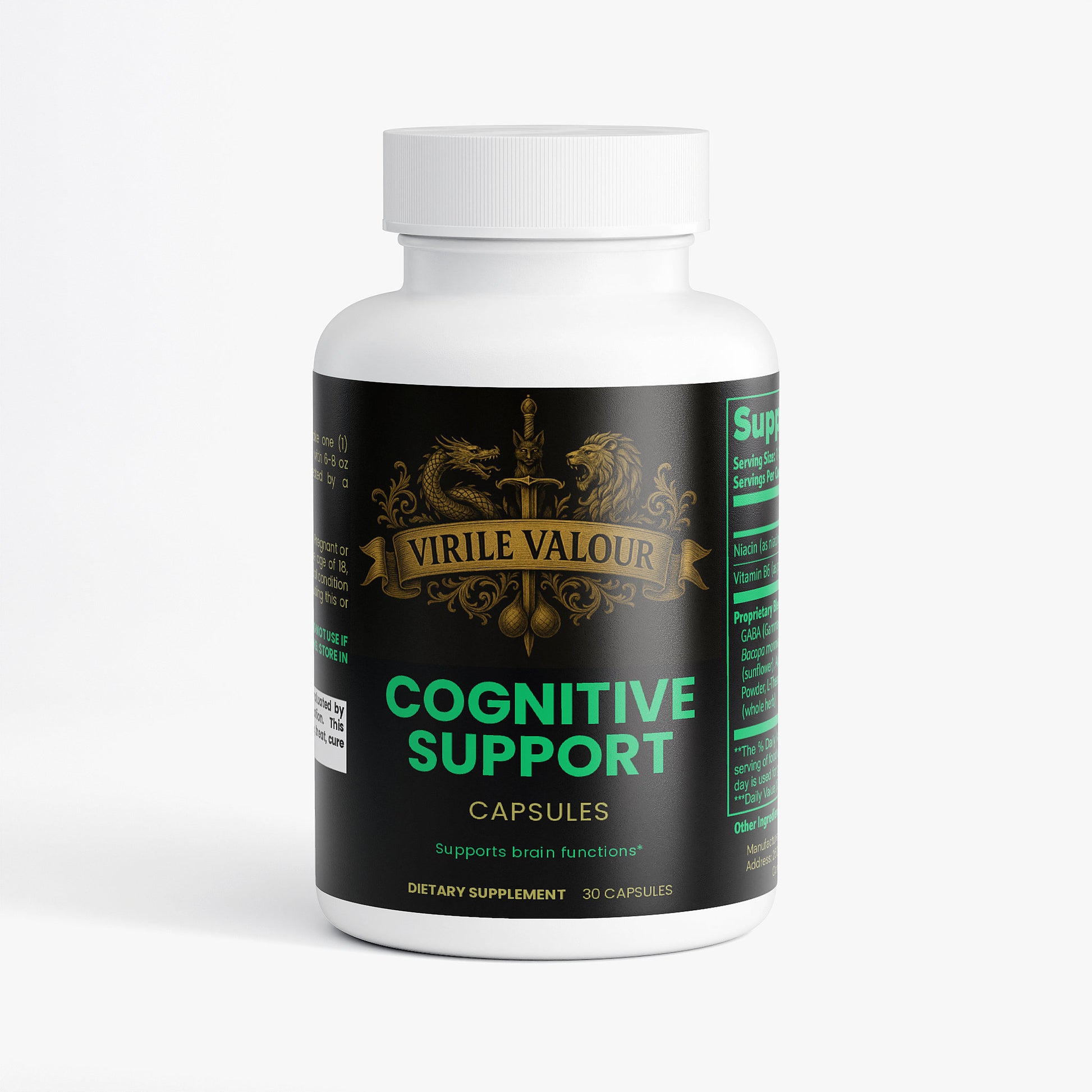 Supplement bottle labeled 'Cognitive Support' by Virile Valour on a white background