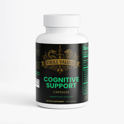 Supplement bottle labeled 'Cognitive Support' by Virile Valour on a white background