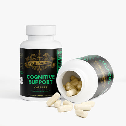 Virile Valour Cognitive Support capsules with open bottle on a white background