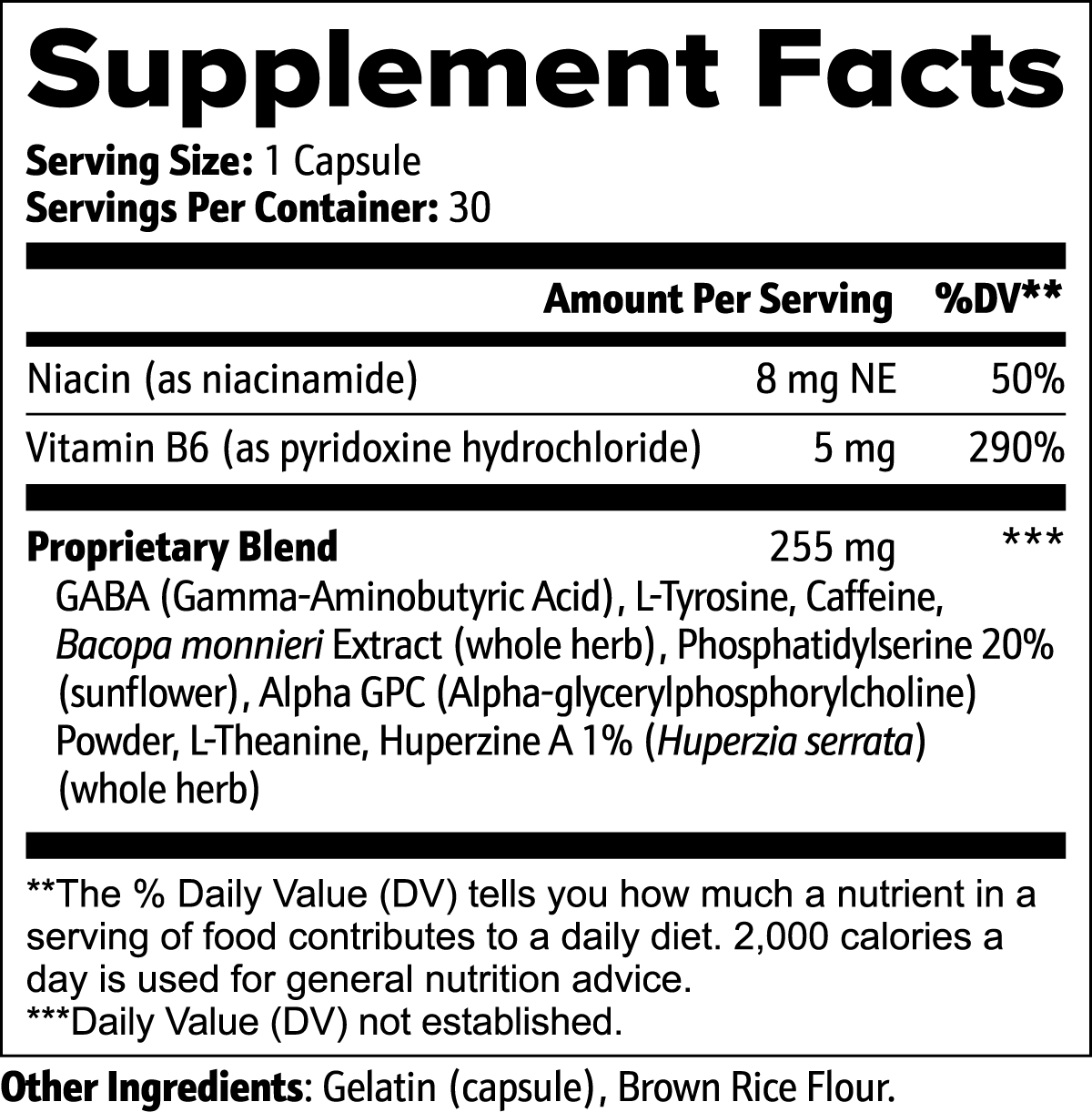 VirileValour Cognitive Support For Men Supplement facts label with detailed nutritional information on a white background