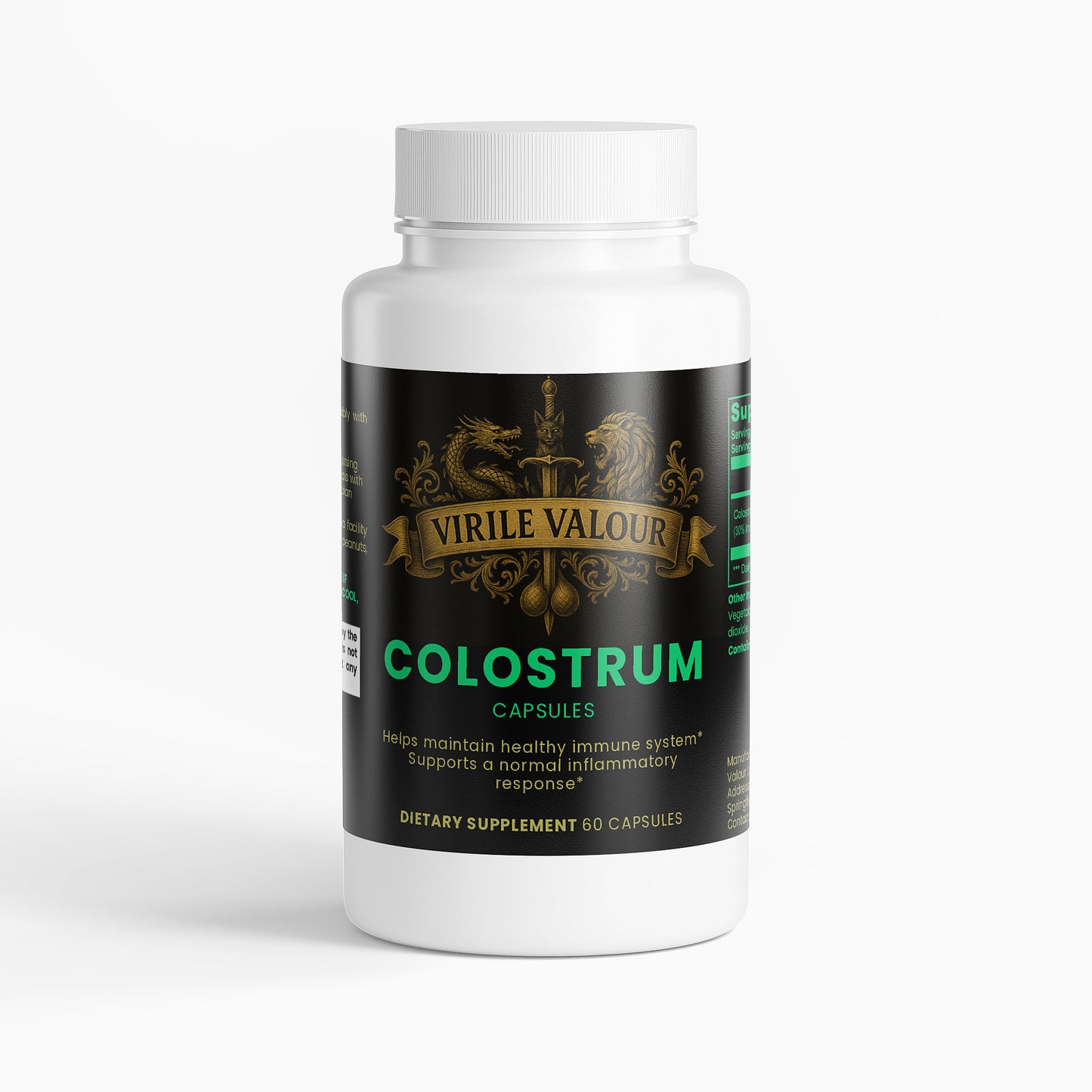 Bottle of Virile Valour Colostrum capsules on a white background