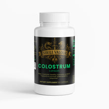 Bottle of Virile Valour Colostrum capsules on a white background