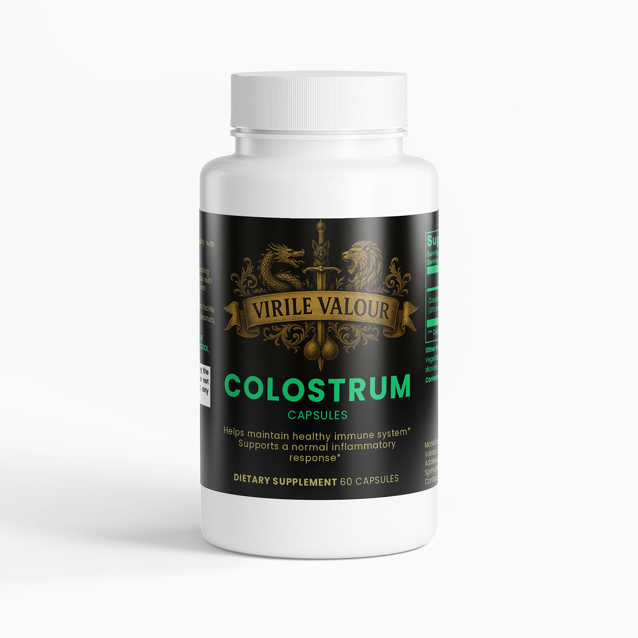 Bottle of Virile Valour Colostrum capsules on a white background