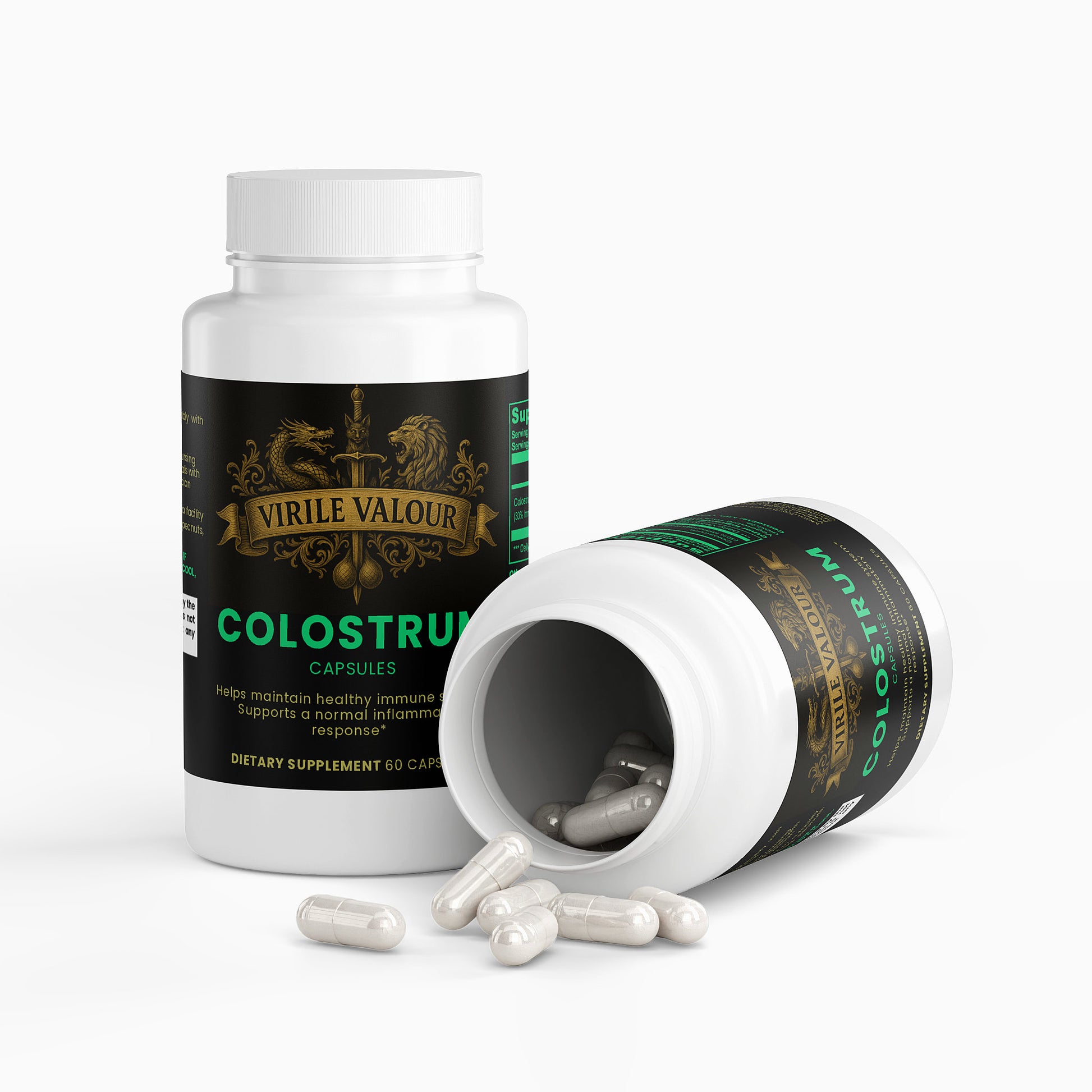 Virile Valour colostrum supplement bottle with open cap showing capsules on a white background