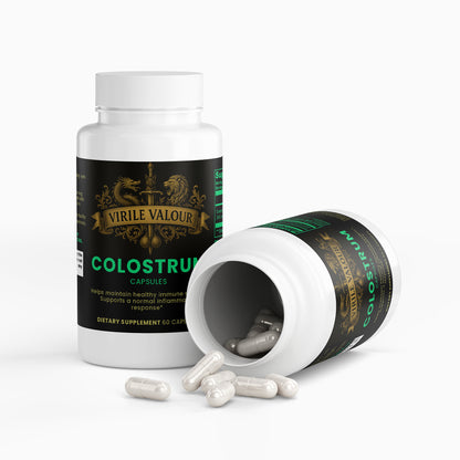 Virile Valour colostrum supplement bottle with open cap showing capsules on a white background