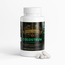 Bottle of Virile Valour Colostrum capsules with two capsules on a white background