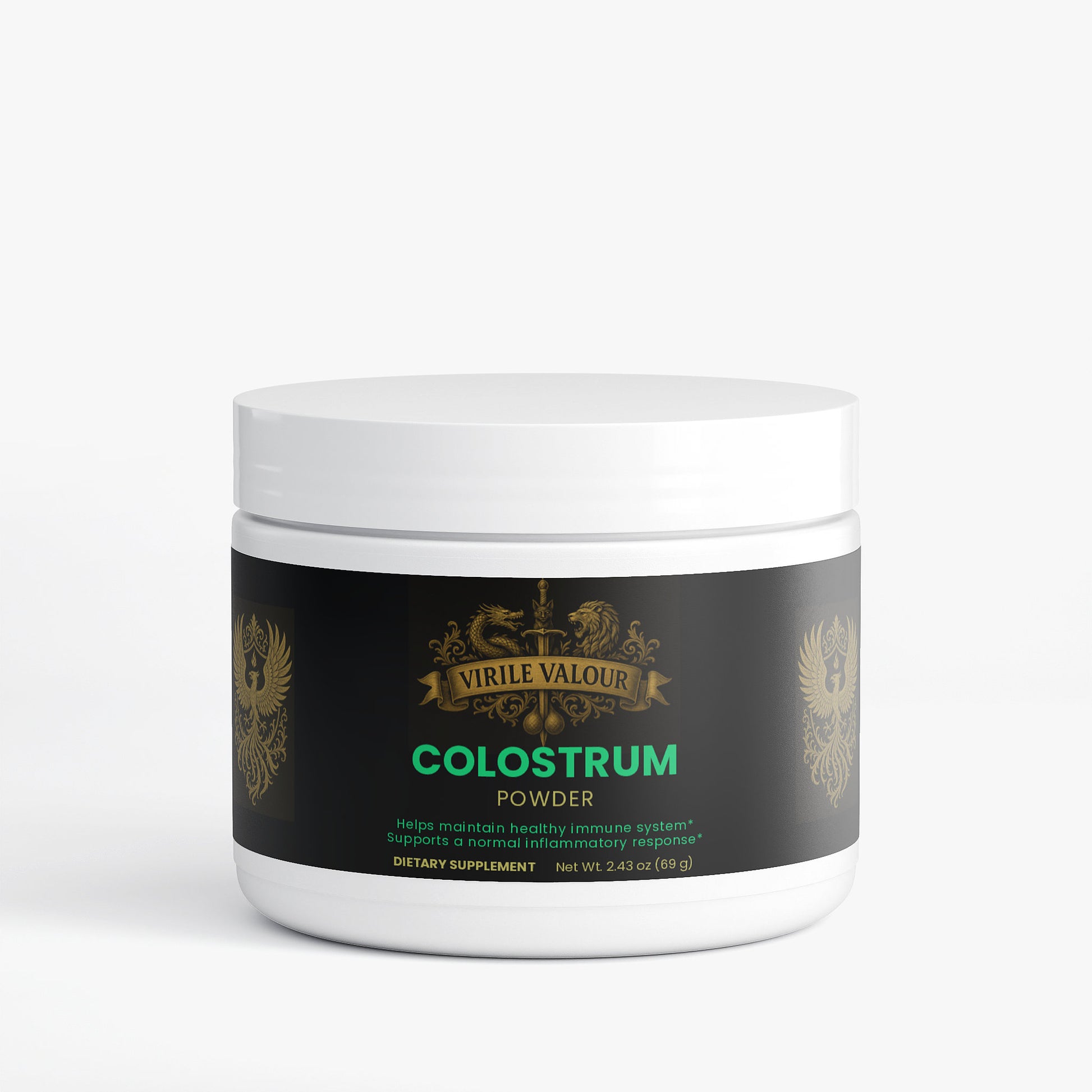 Jar of colostrum powder with 'Virile Valour' branding on a white background