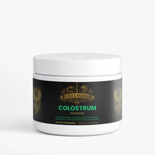 Jar of colostrum powder with 'Virile Valour' branding on a white background