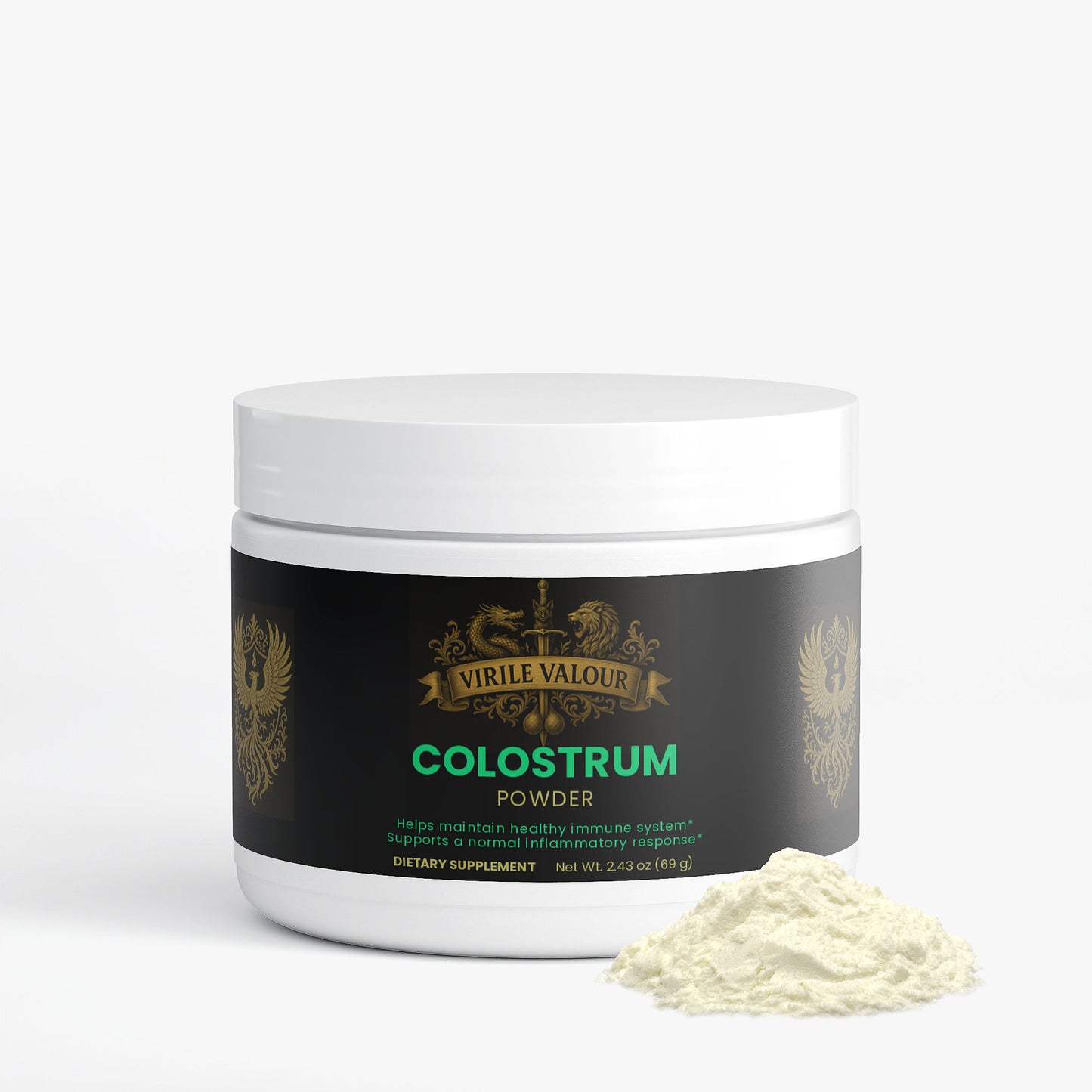 Jar of Virile Valour Colostrum Powder with a white lid on a light gray background