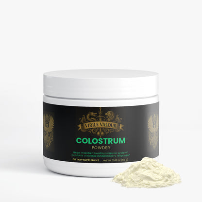 Jar of Virile Valour Colostrum Powder with a white lid on a light gray background