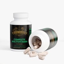 Virile Valour Complete Multivitamin Testoterone support capsules with open bottle on a white background