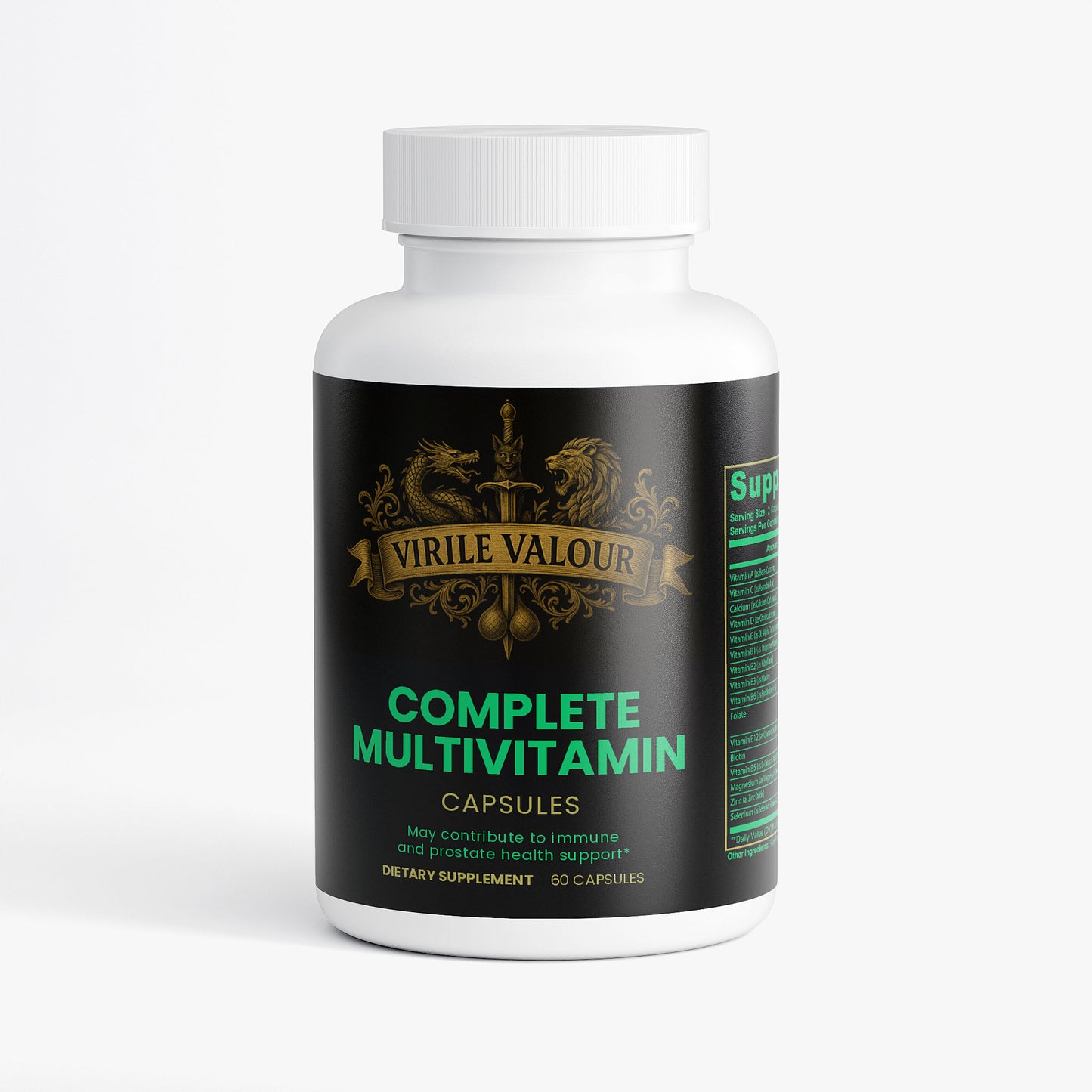 Multivitamin supplement bottle that has ingredients to boost Erections, Testosterone, and Muscle growth Naturally with 'Virile Valour' branding on a white background 