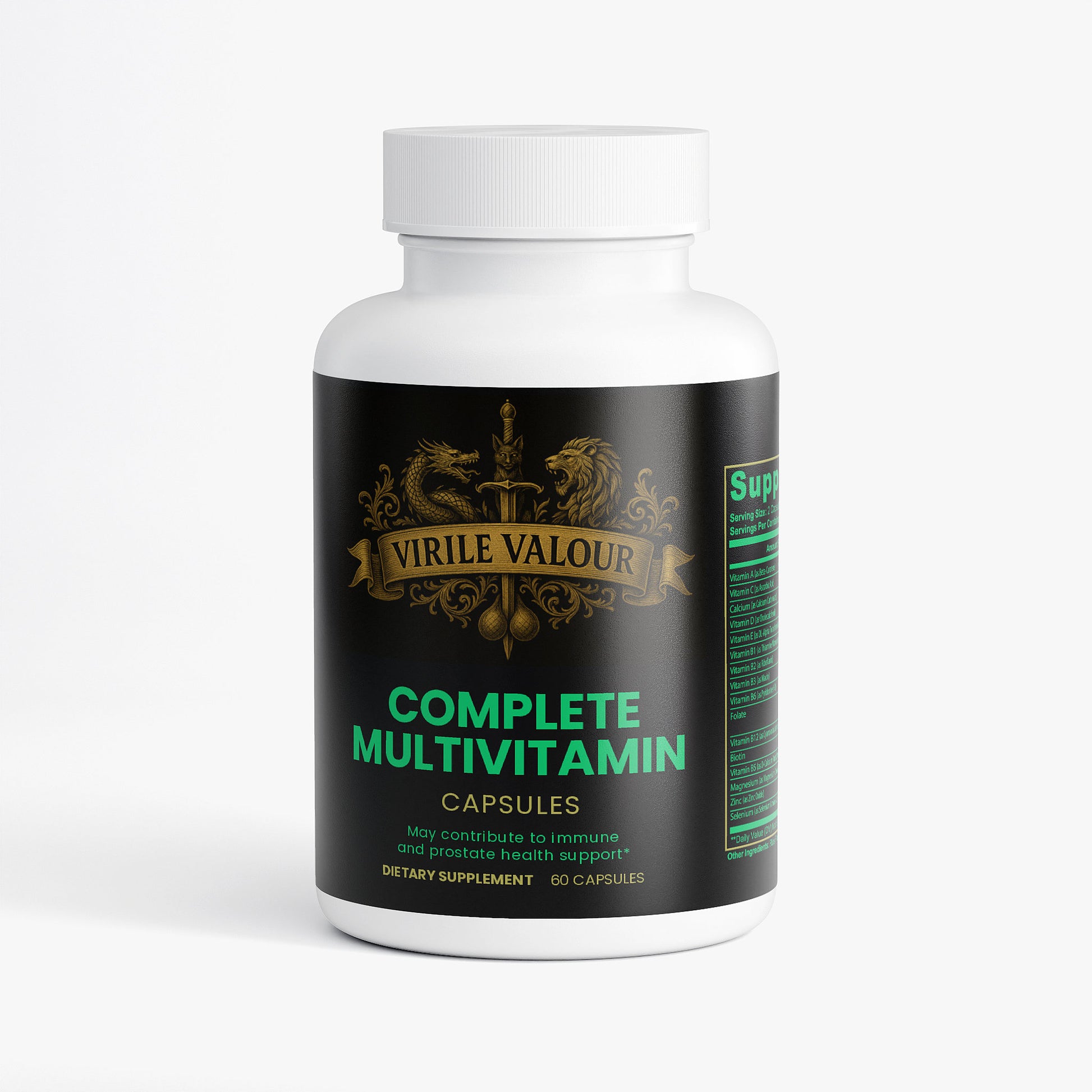 Multivitamin supplement bottle that has ingredients to boost Erections, Testosterone, and Muscle growth Naturally with 'Virile Valour' branding on a white background 