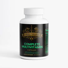 Multivitamin supplement bottle that has ingredients to boost Erections, Testosterone, and Muscle growth Naturally with 'Virile Valour' branding on a white background 