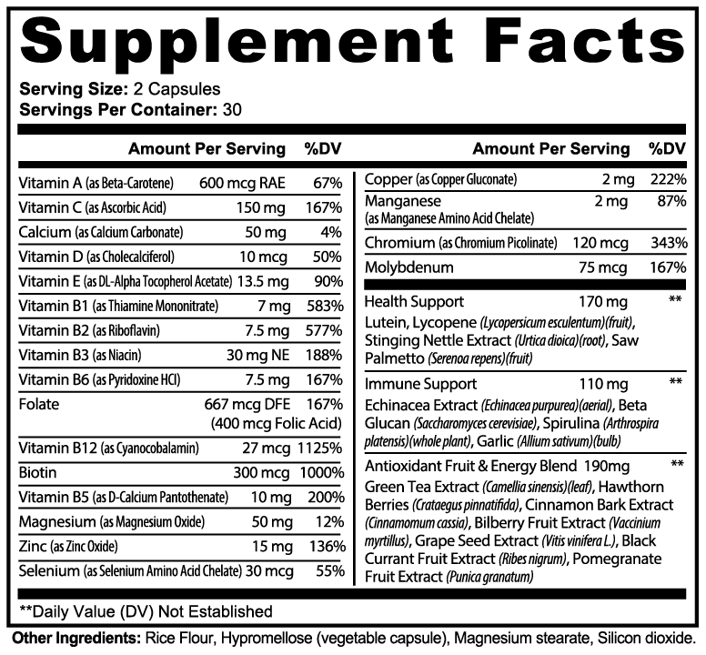 Virile Valour Complete Multivitamin For Men Supplements facts label with detailed nutritional information that increase erection strength