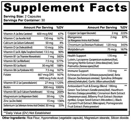 Virile Valour Complete Multivitamin For Men Supplements facts label with detailed nutritional information that increase erection strength