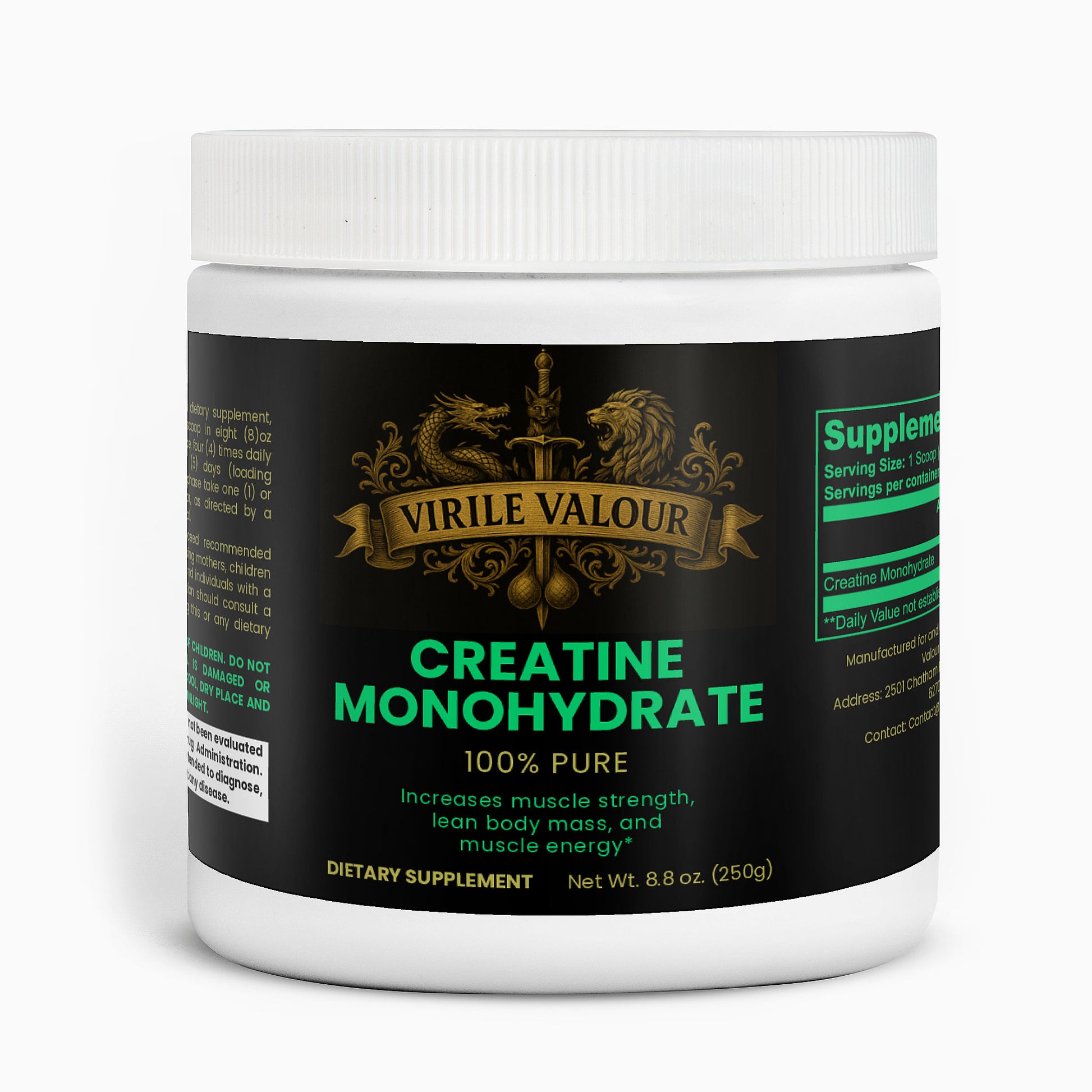 Supplement container labeled 'Virile Valour Creatine Monohydrate' on a white background