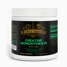 Supplement container labeled 'Virile Valour Creatine Monohydrate' on a white background