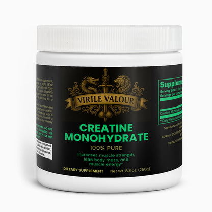 Supplement container labeled 'Virile Valour Creatine Monohydrate' on a white background