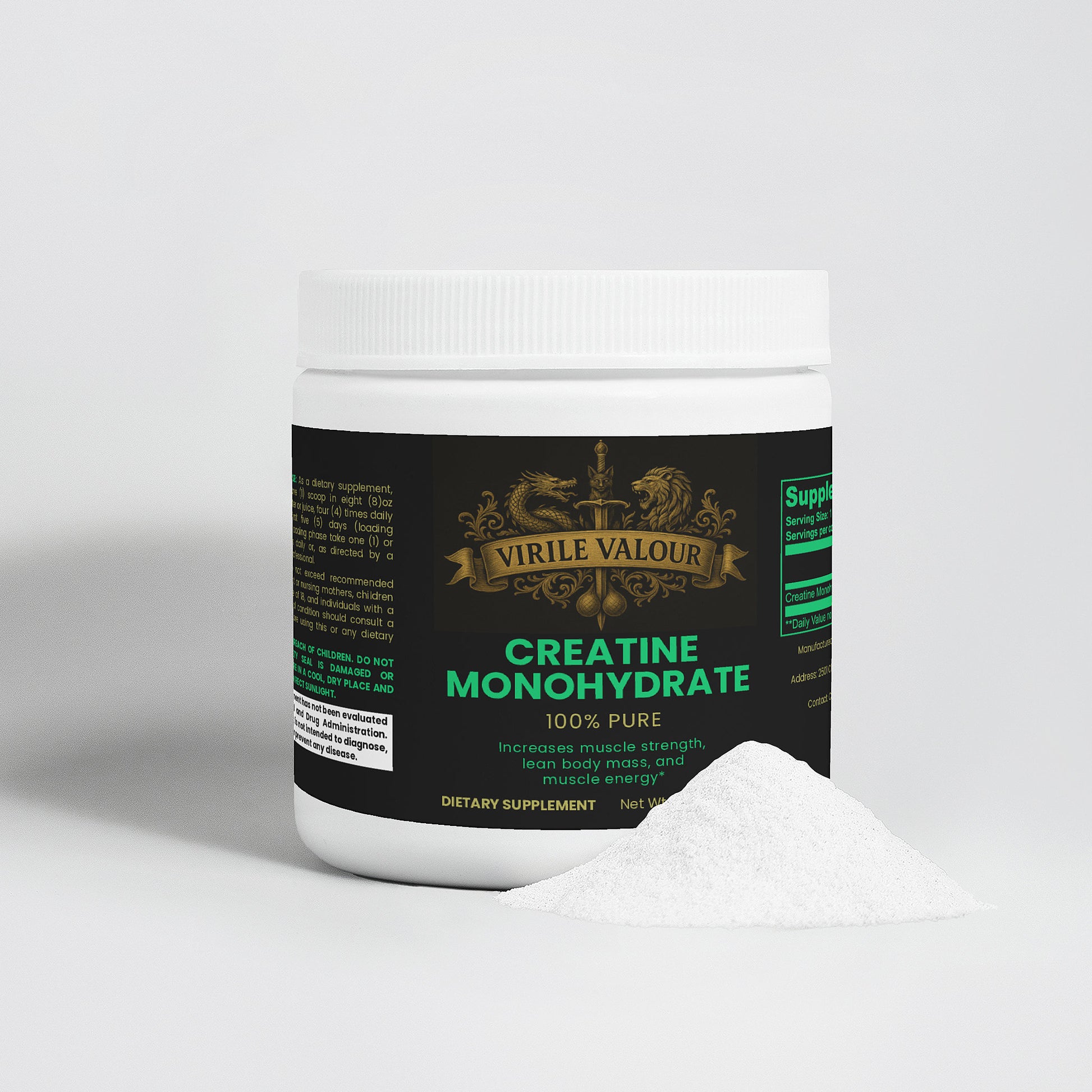 Supplement container labeled 'Virile Valour Creatine Monohydrate' on a white background with Creatine Powder
