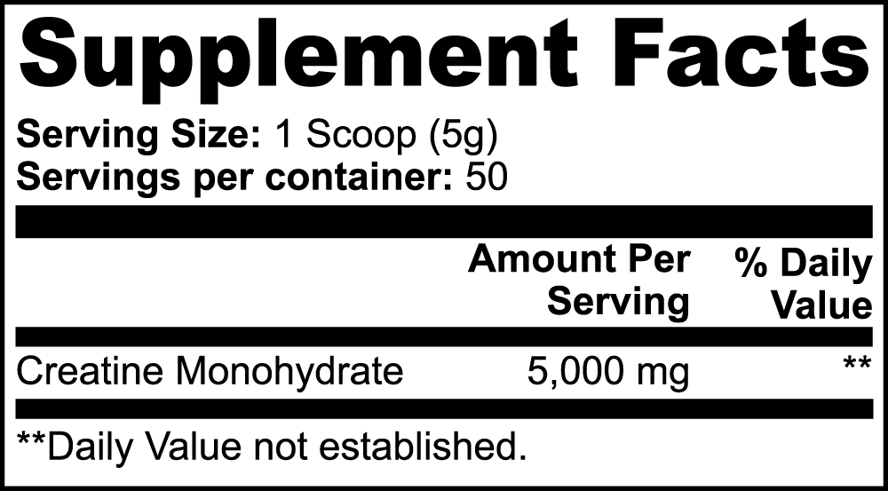 Virile Valour Creatine Monohydrate For Men Supplement facts label with creatine monohydrate content on a white background