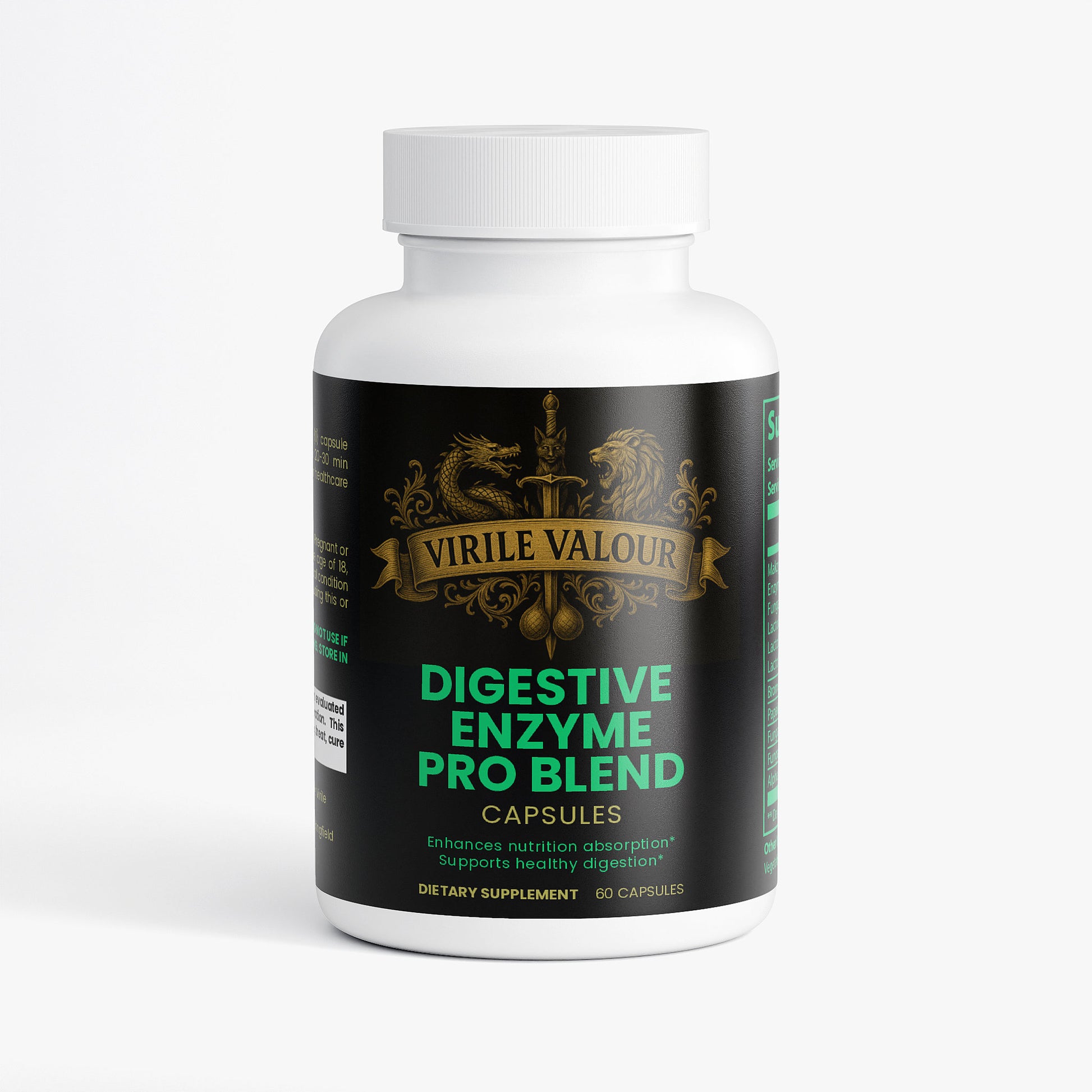 Supplement bottle labeled 'Virile Valour Digestive Enzyme Pro Blend' on a white background