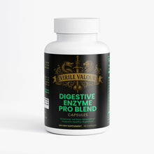 Supplement bottle labeled 'Virile Valour Digestive Enzyme Pro Blend' on a white background