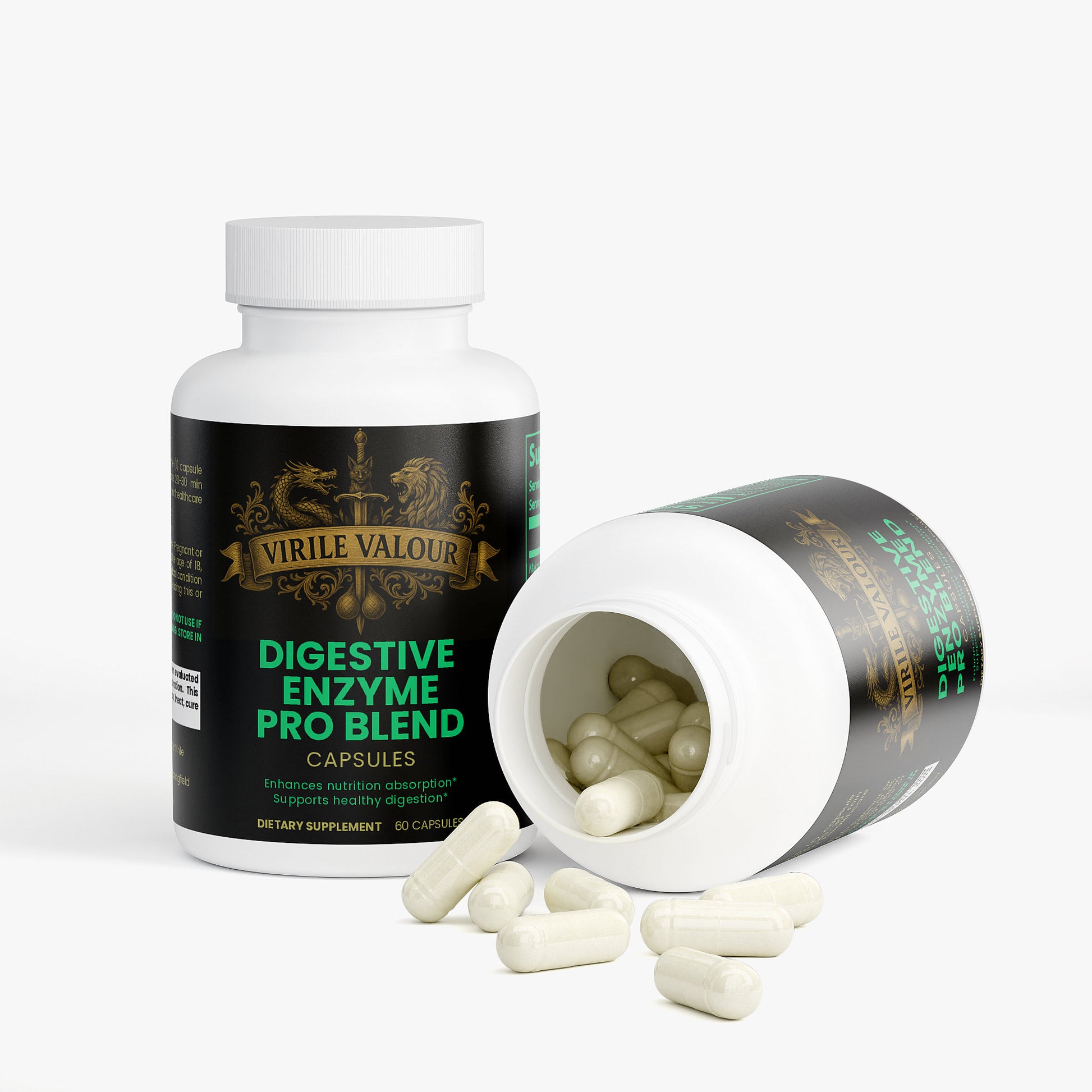 Virile Valour Digestive Enzyme Pro Blend capsules with open bottle on a white background