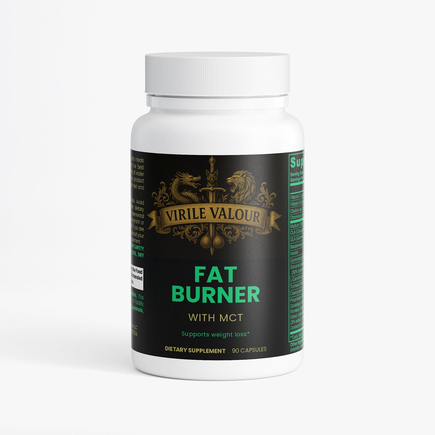 Supplement bottle labeled 'Fat Burner with MCT' by Virile Valour on a white background