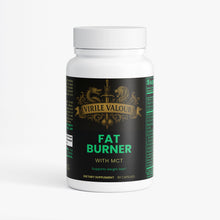 Supplement bottle labeled 'Fat Burner with MCT' by Virile Valour on a white background