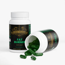 Fat burner supplement with capsules on a white background